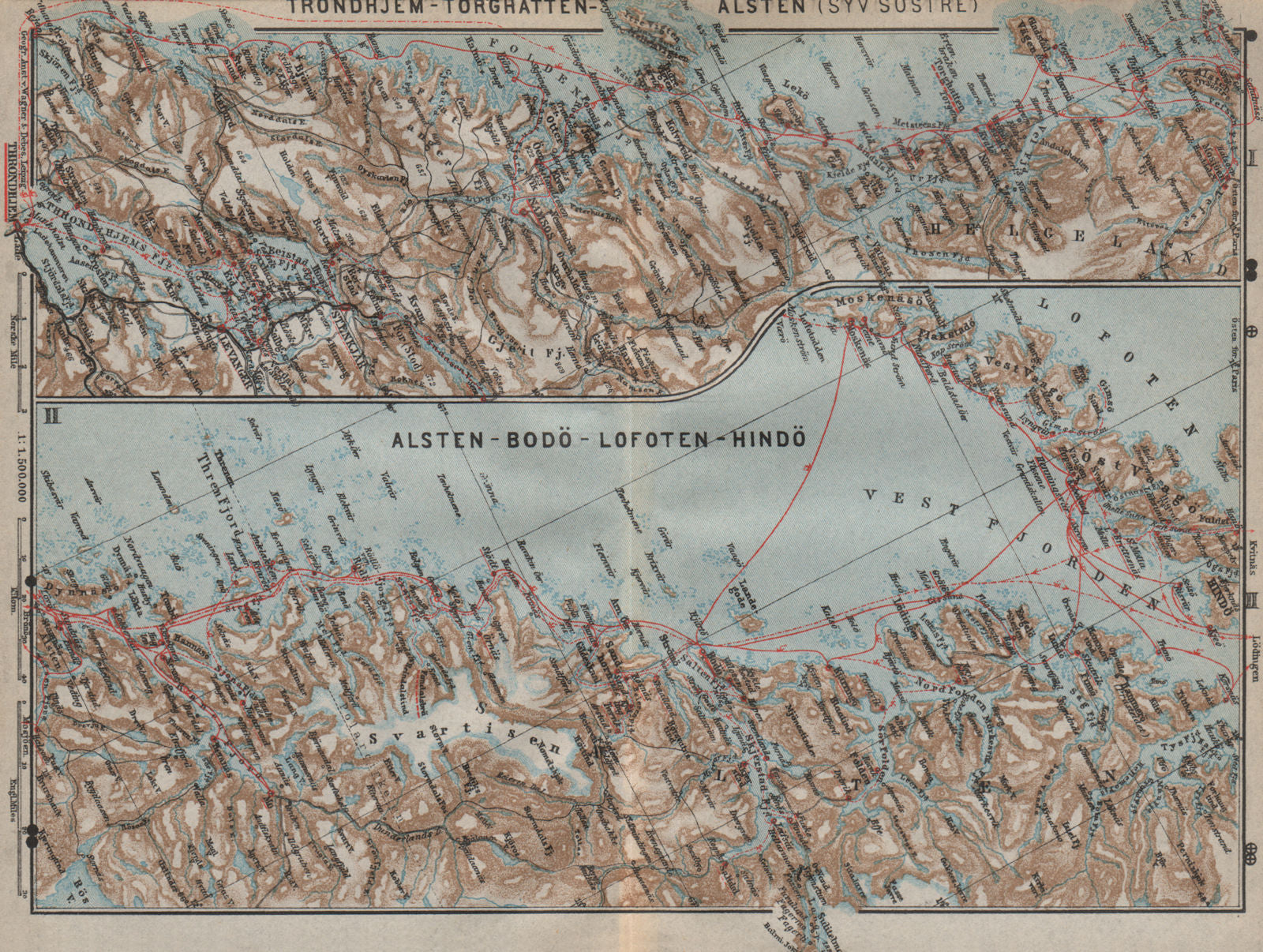 NORWAY NORTH WEST COAST. Trondheim-Torghatten-Bodo-Lofoten kart 1909 old map